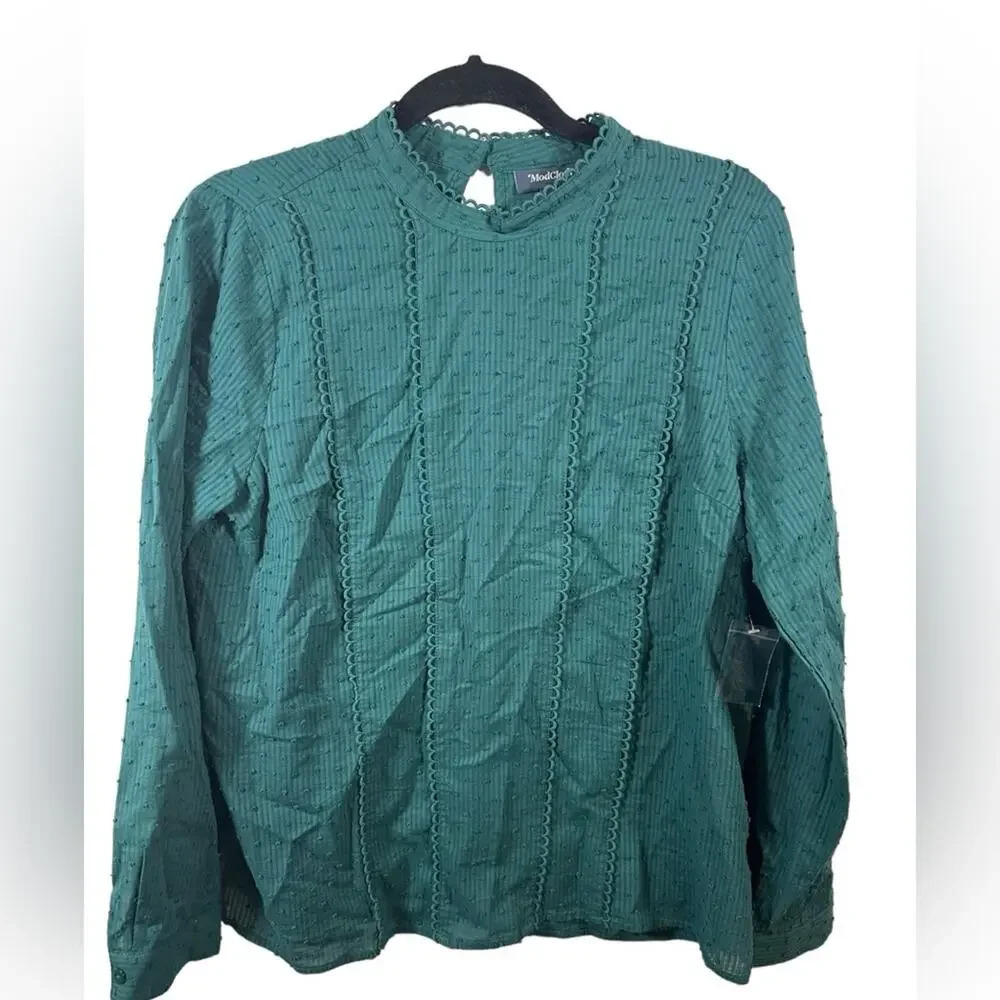 Mod Cloth Blouse Green High Collar Swiss Dot Semi Sheer Size M.  Key hole button